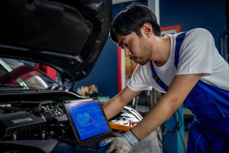 Professional vehicle inspector performing a car PDI inspection